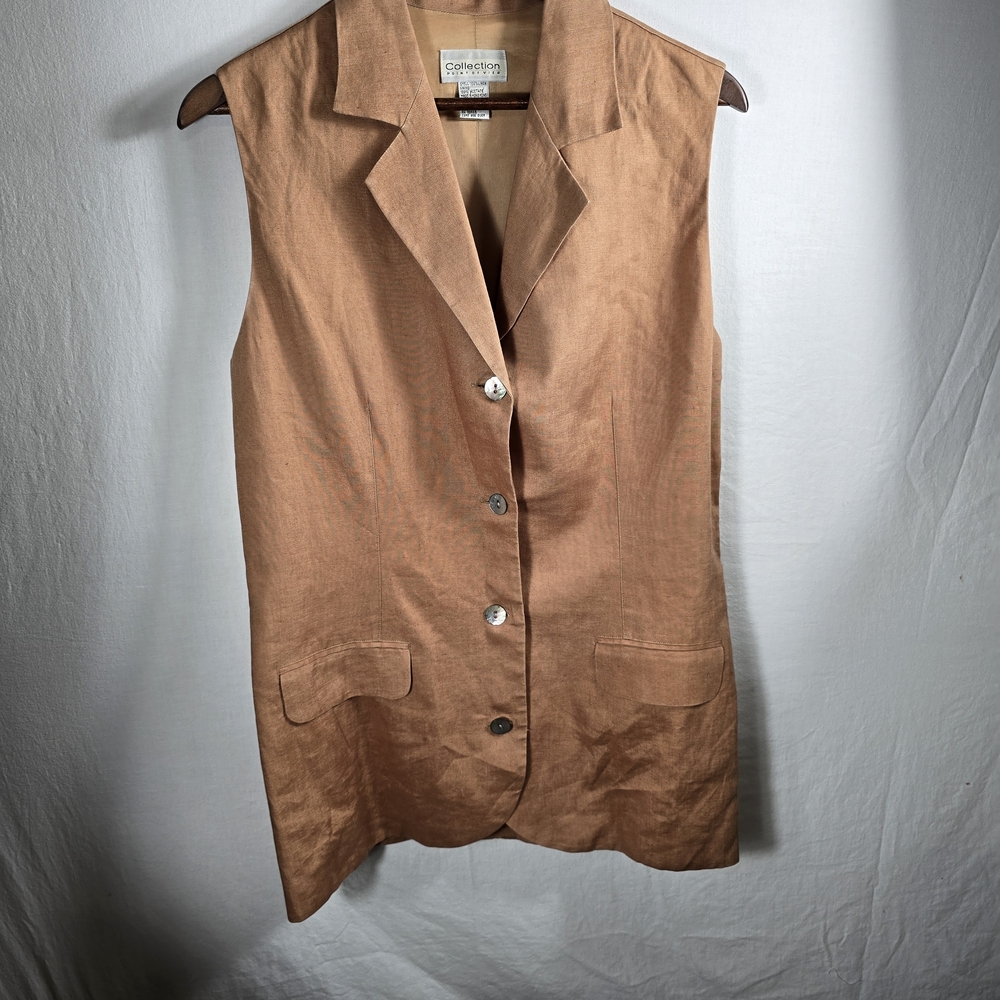 Women’s XL Collection Point of View Pure Linen Tan Button Front Vest